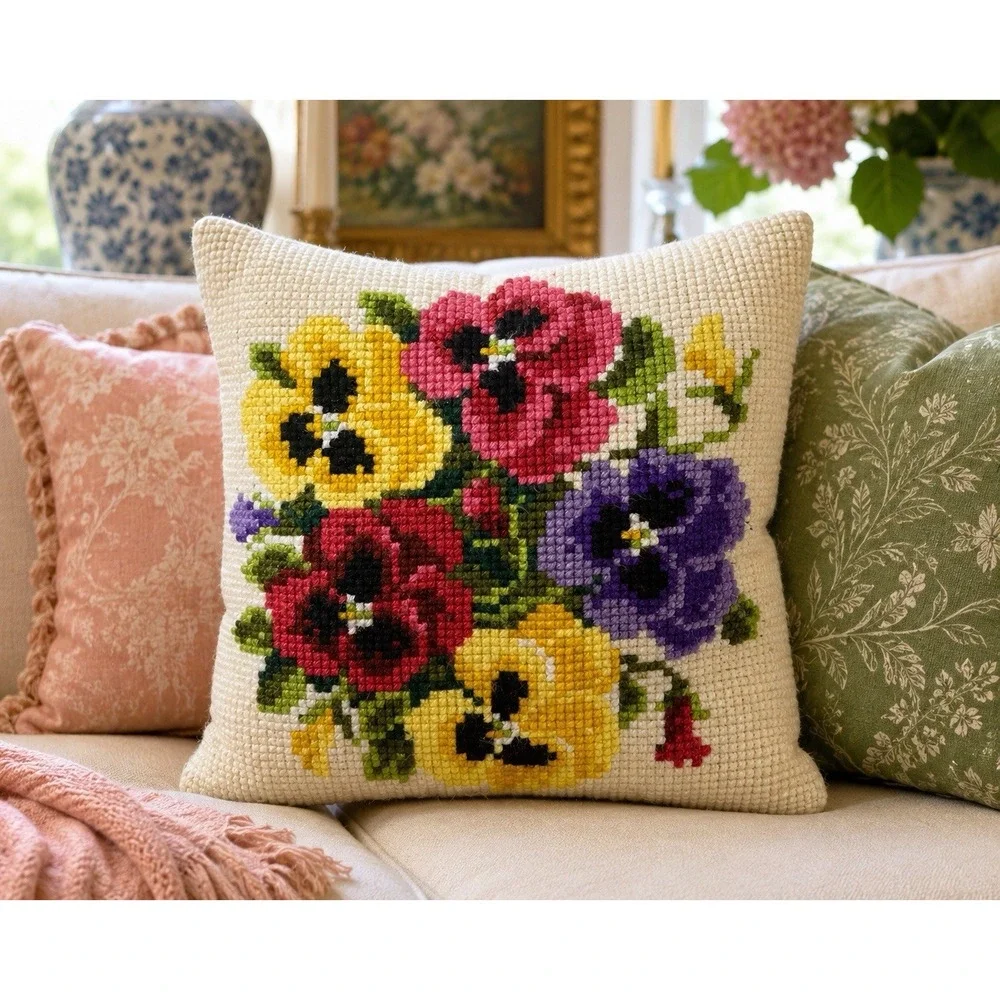 Vintage Hand Needlepoint Pansy Floral Throw Pillow Cream Back 15x15